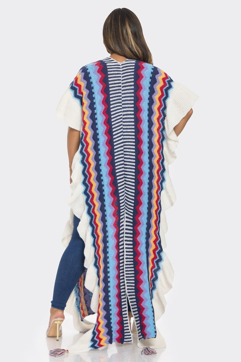 101923 The Blue Multi Knitted Long Kimono Shawl