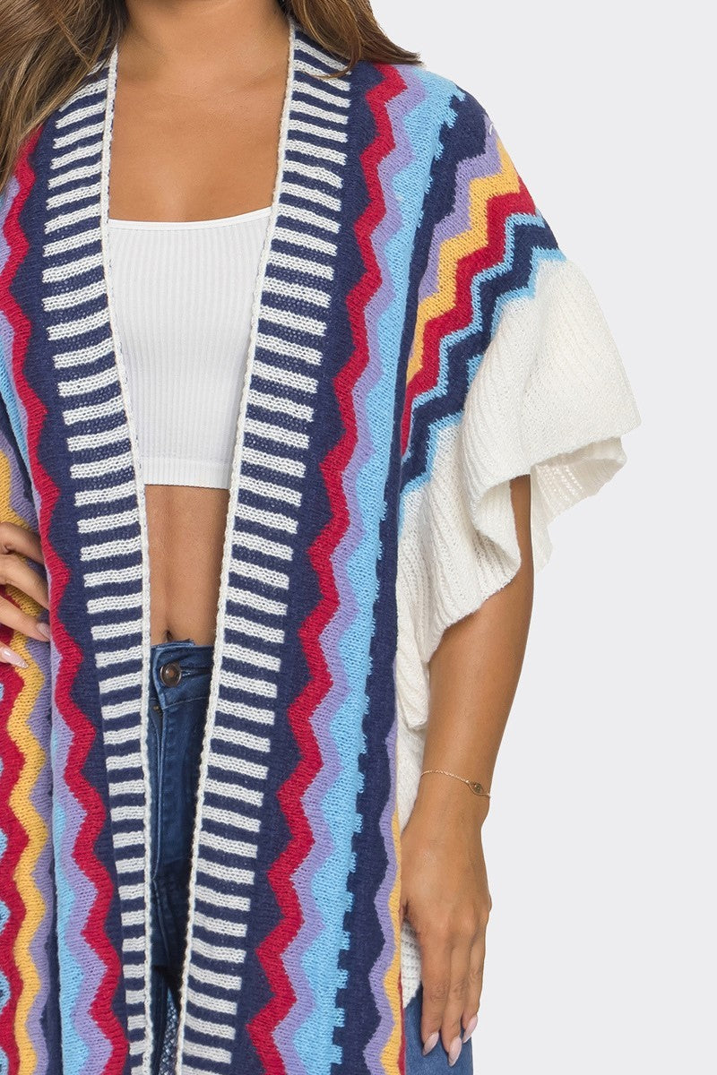 101923 The Blue Multi Knitted Long Kimono Shawl