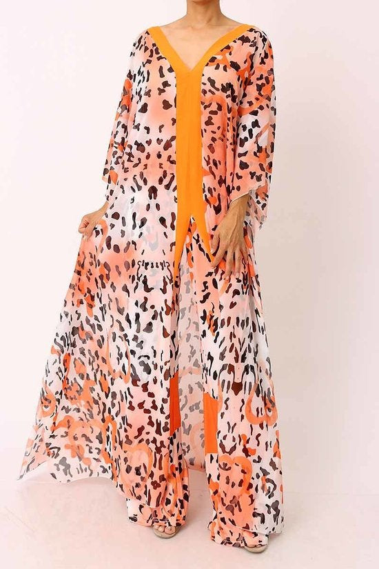 101923 Orange leopard Print Pant and Caftan Set