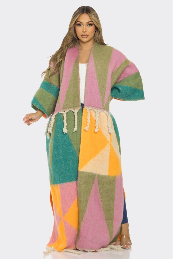 102824 The Pink Print Fuzzy Sweater Cardigan with Tassels Size Fit All(S-3XL)