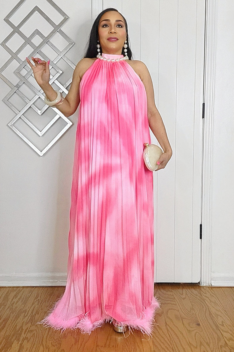 041325 Pink Dye Pleated Feathers Maxi Dress with Pearls Neckline
