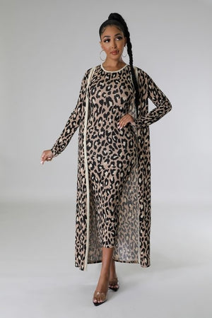 11172022 Leopard Print Dress and Cardigan Two Piece Set