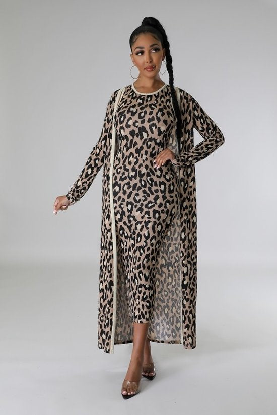 11172022 Leopard Print Dress and Cardigan Two Piece Set