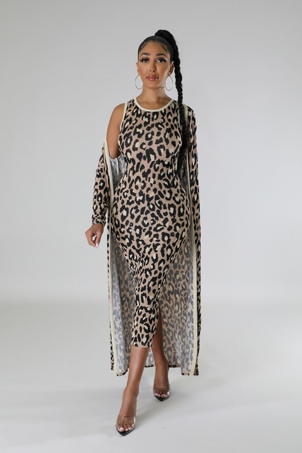11172022 Leopard Print Dress and Cardigan Two Piece Set