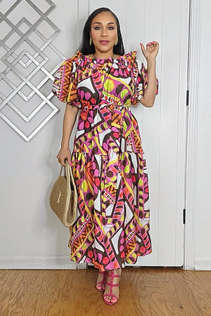 042525 My Africana Multi Print Off The Shoulder Belted Midi Dress