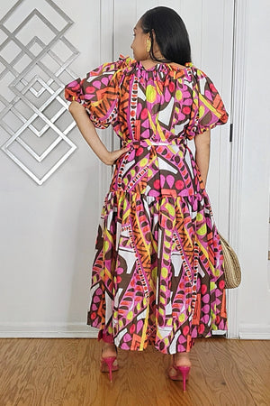 042525 My Africana Multi Print Off The Shoulder Belted Midi Dress