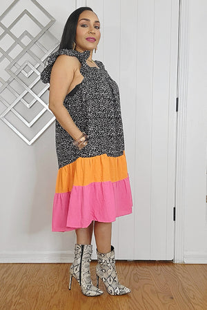 040925 Square Neck Swiss Colorblock Tunic Mini Dress