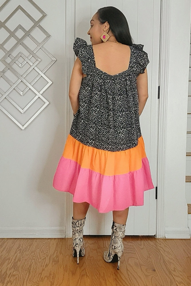 040925 Square Neck Swiss Colorblock Tunic Mini Dress