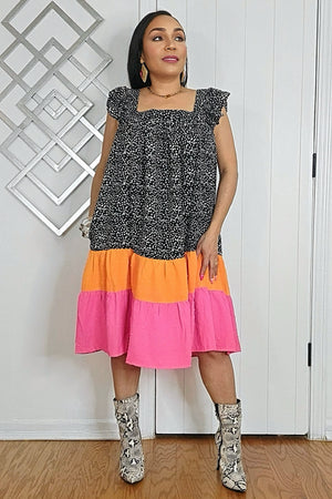 040925 Square Neck Swiss Colorblock Tunic Mini Dress