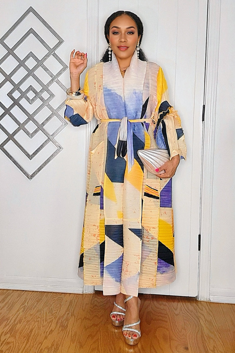 101024 The Yellow Pleated Printed Midi Dress