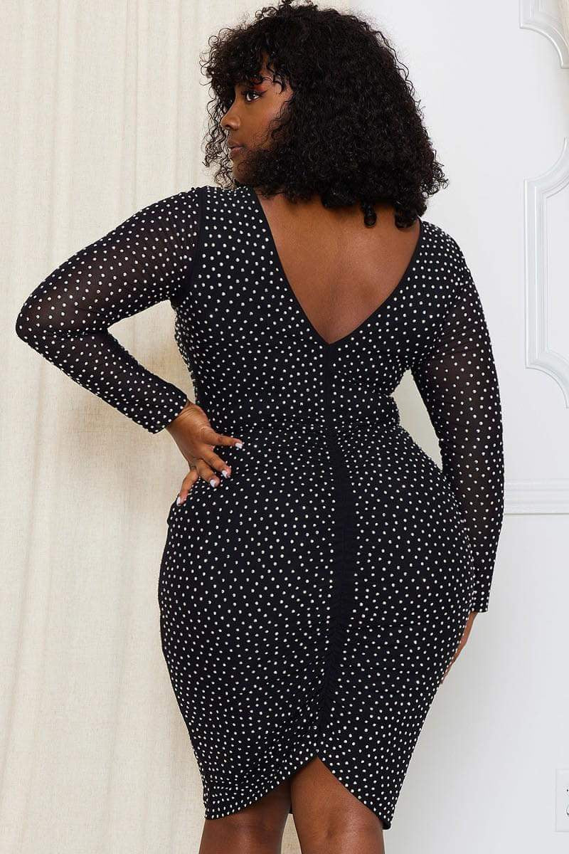 111623 Black Translucent Midi Rhinestone Dress