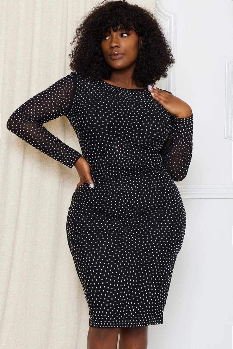 111623 Black Translucent Midi Rhinestone Dress