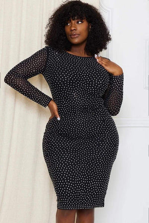 111623 Black Translucent Midi Rhinestone Dress