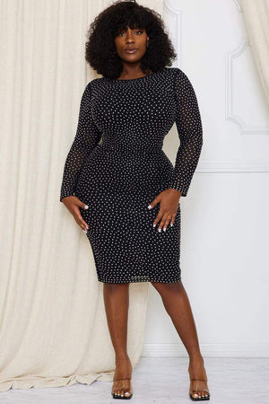 111623 Black Translucent Midi Rhinestone Dress