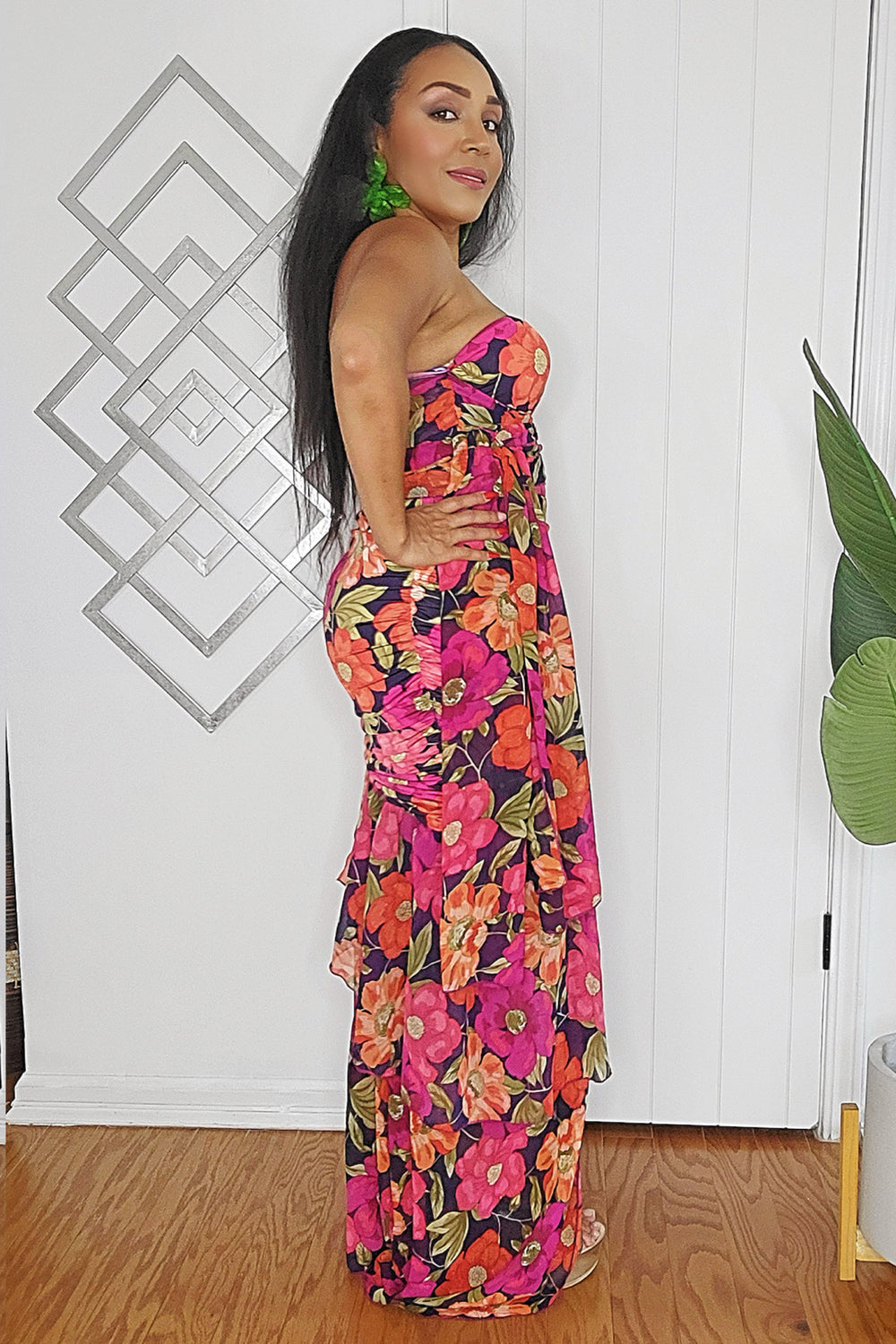 040225 Florals Print One Shoulder Top and Skirt Set