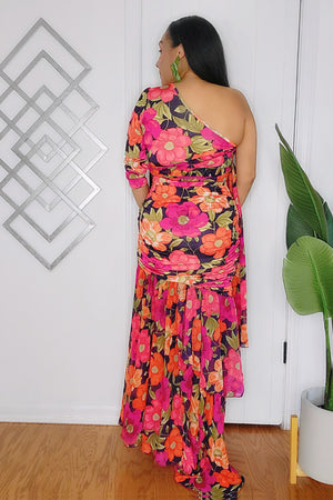 040225 Florals Print One Shoulder Top and Skirt Set
