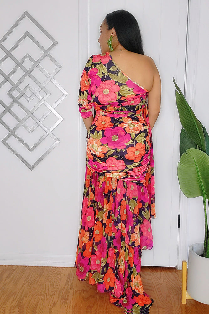 040225 Florals Print One Shoulder Top and Skirt Set