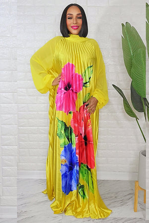 042623  Yellow Spring Has Sprung Pleated Maxi Dress