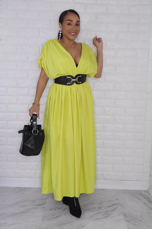 112423 Lime Apple Challi Kimono Ruched Shoulder Midi Dress w/Belt