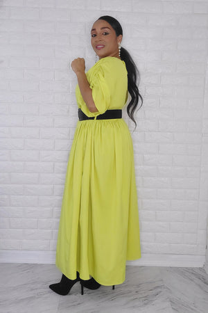 112423 Lime Apple Challi Kimono Ruched Shoulder Midi Dress w/Belt