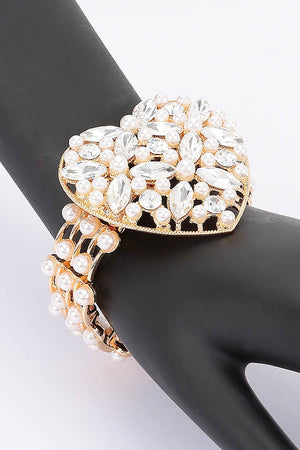 040725 The Gold Heart Faux Pearl Rhinestone Stretch Bracelet