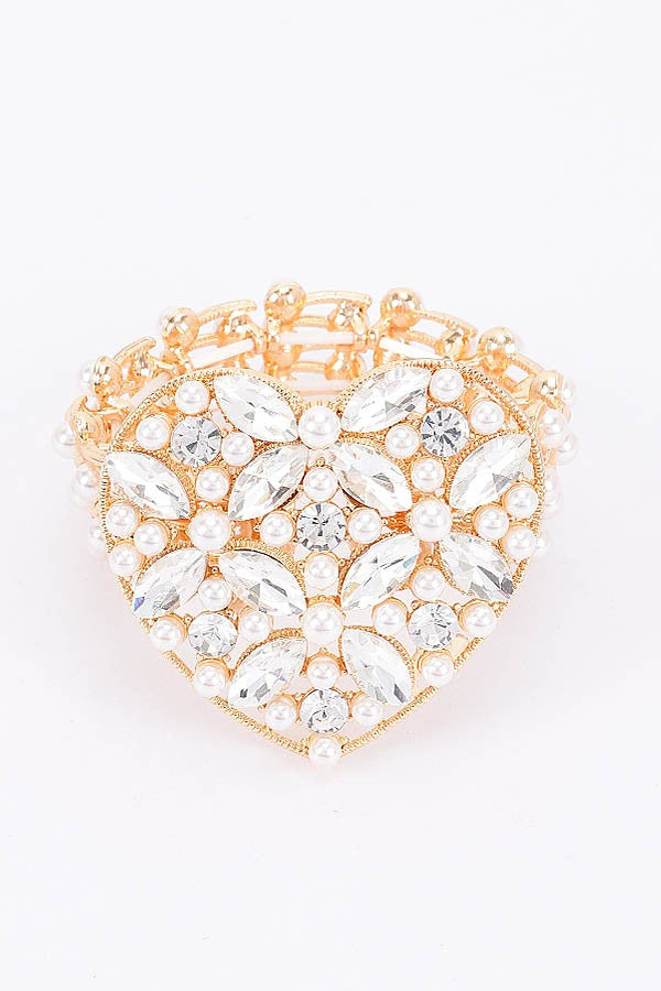 040725 The Gold Heart Faux Pearl Rhinestone Stretch Bracelet