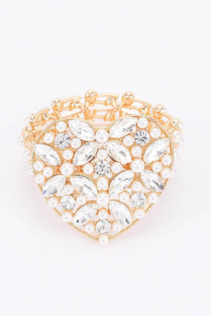 040725 The Gold Heart Faux Pearl Rhinestone Stretch Bracelet