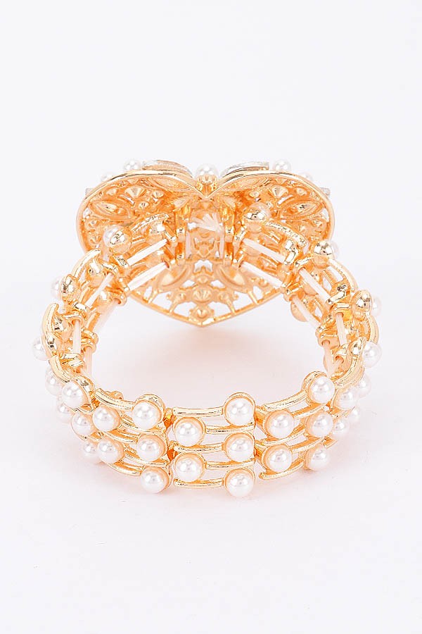 040725 The Gold Heart Faux Pearl Rhinestone Stretch Bracelet