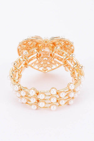040725 The Gold Heart Faux Pearl Rhinestone Stretch Bracelet