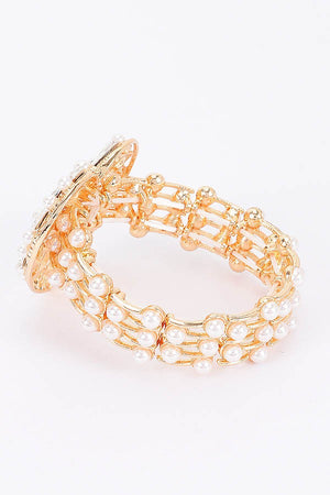 040725 The Gold Heart Faux Pearl Rhinestone Stretch Bracelet