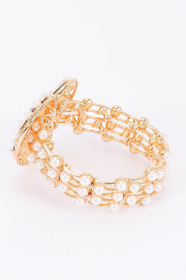 040725 The Gold Heart Faux Pearl Rhinestone Stretch Bracelet