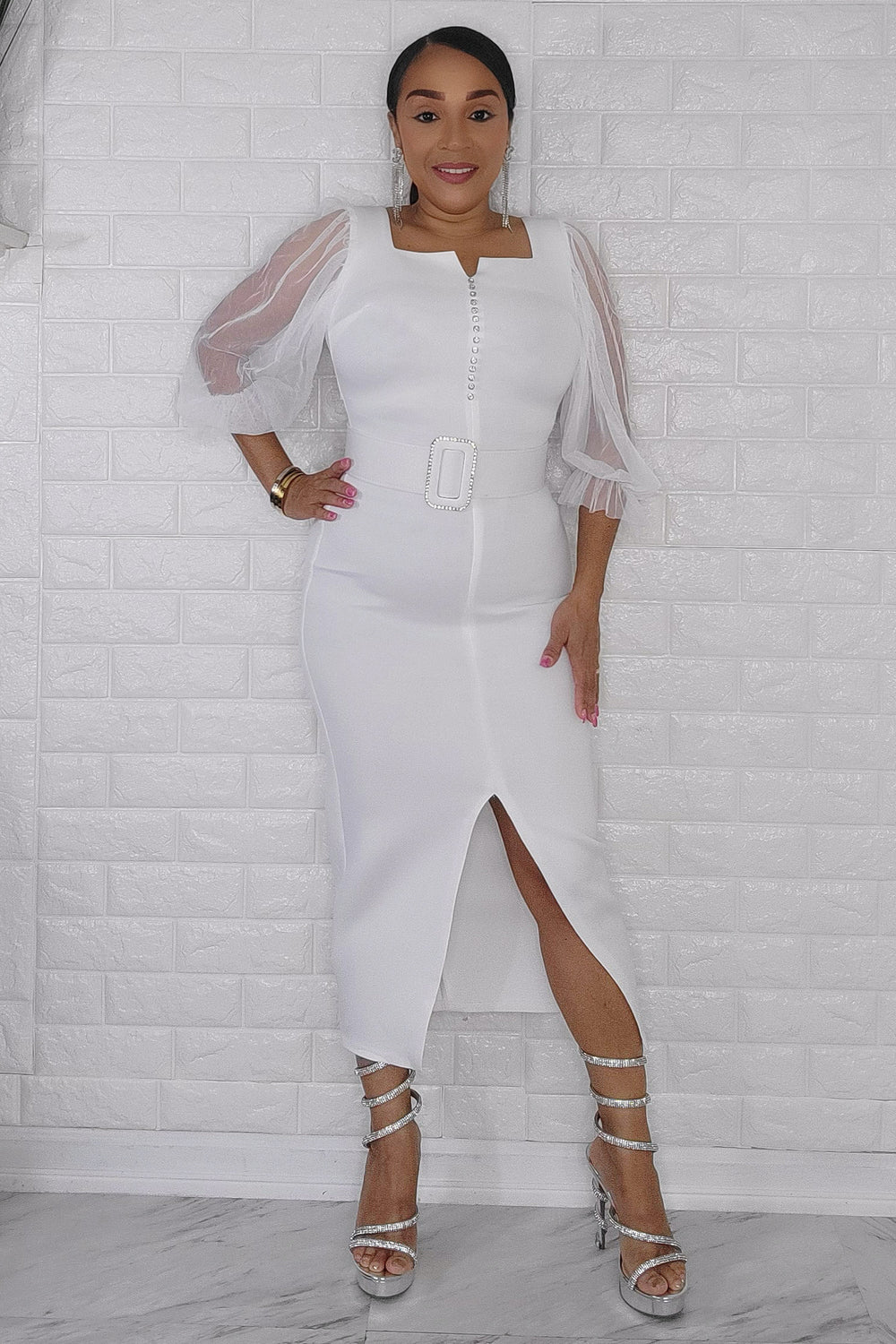 120523 The White Elegant Chic Organza Sleeve Midi Dress 6/8 120523 The White Elegant Chic Organza Sleeve Midi Dress 6/8