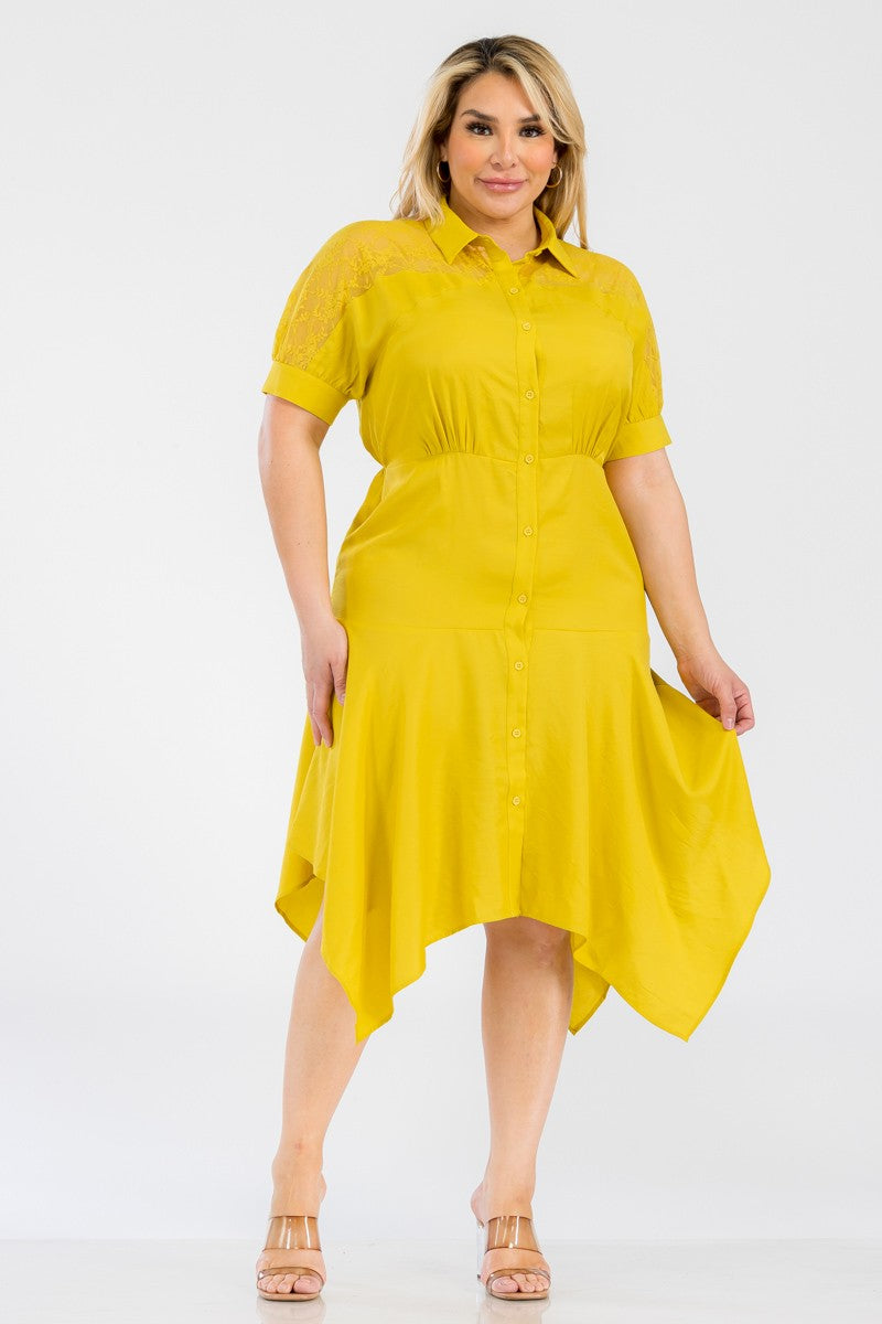 040925 Yellow Button Down Lace Hi-Low Midi Dress 1XL 040925 Yellow Button Down Lace Hi-Low Midi Dress 1XL