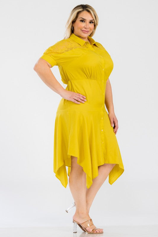 040925 Yellow Button Down Lace Hi-Low Midi Dress