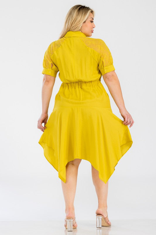 040925 Yellow Button Down Lace Hi-Low Midi Dress