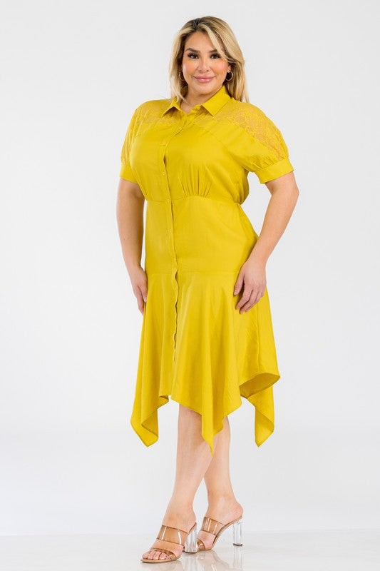 040925 Yellow Button Down Lace Hi-Low Midi Dress