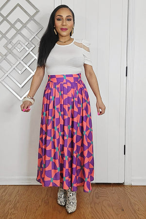 051625 Purple Multi Geometric Print Elastic Waist Midi Skirt