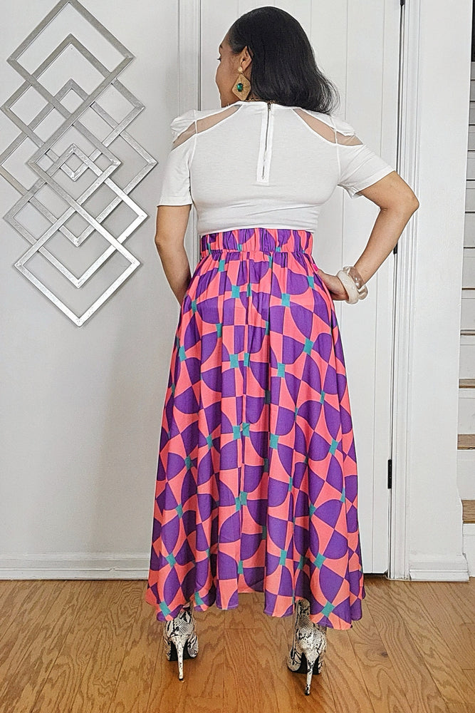 051625 Purple Multi Geometric Print Elastic Waist Midi Skirt