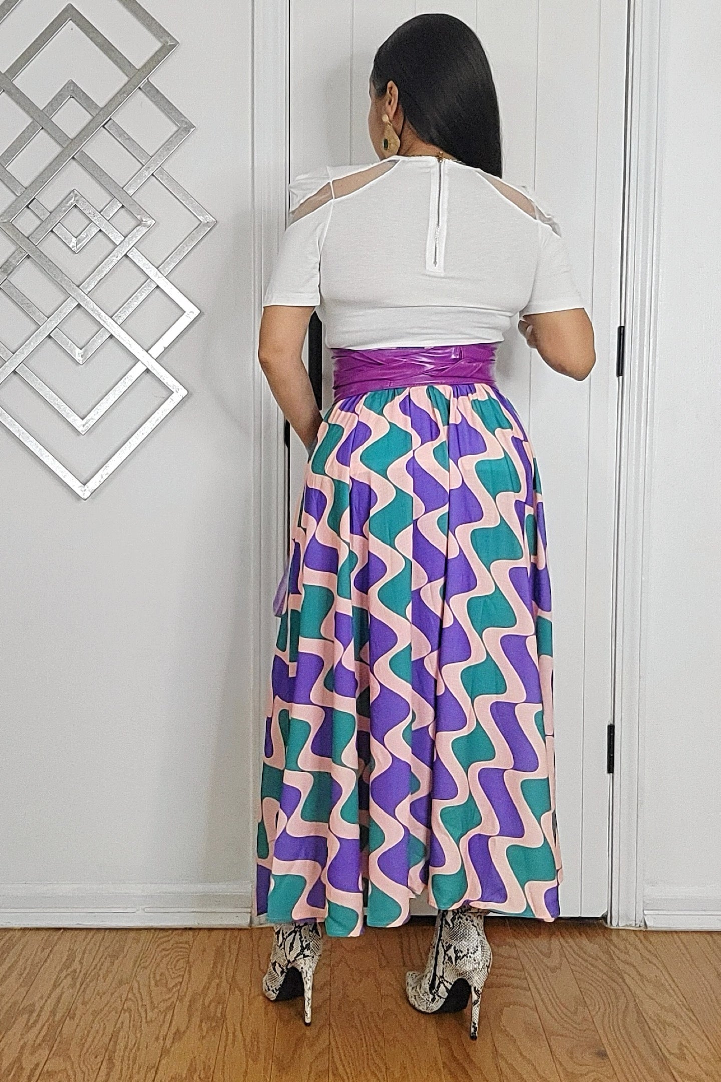 051625 Blue Multi Geometric Print Elastic Waist Midi Skirt