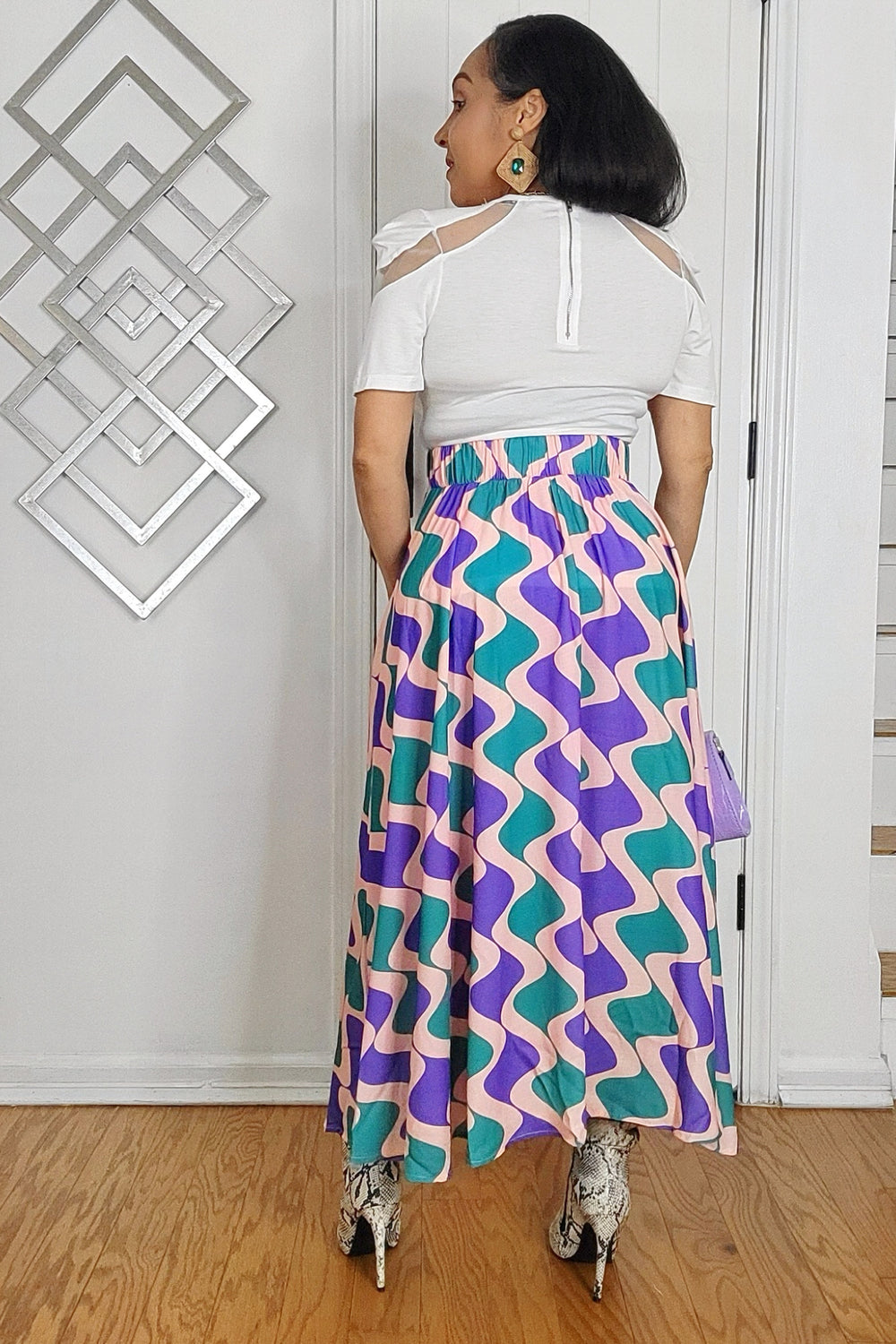 051625 Blue Multi Geometric Print Elastic Waist Midi Skirt