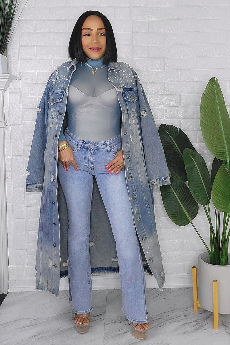 121923 Pearl And Crystal Distressed Long Denim Jacket