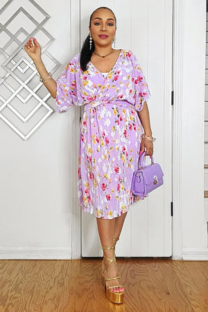 040825 Surplice Self Tie Short Sleeve Lilac Floral Midi Dress