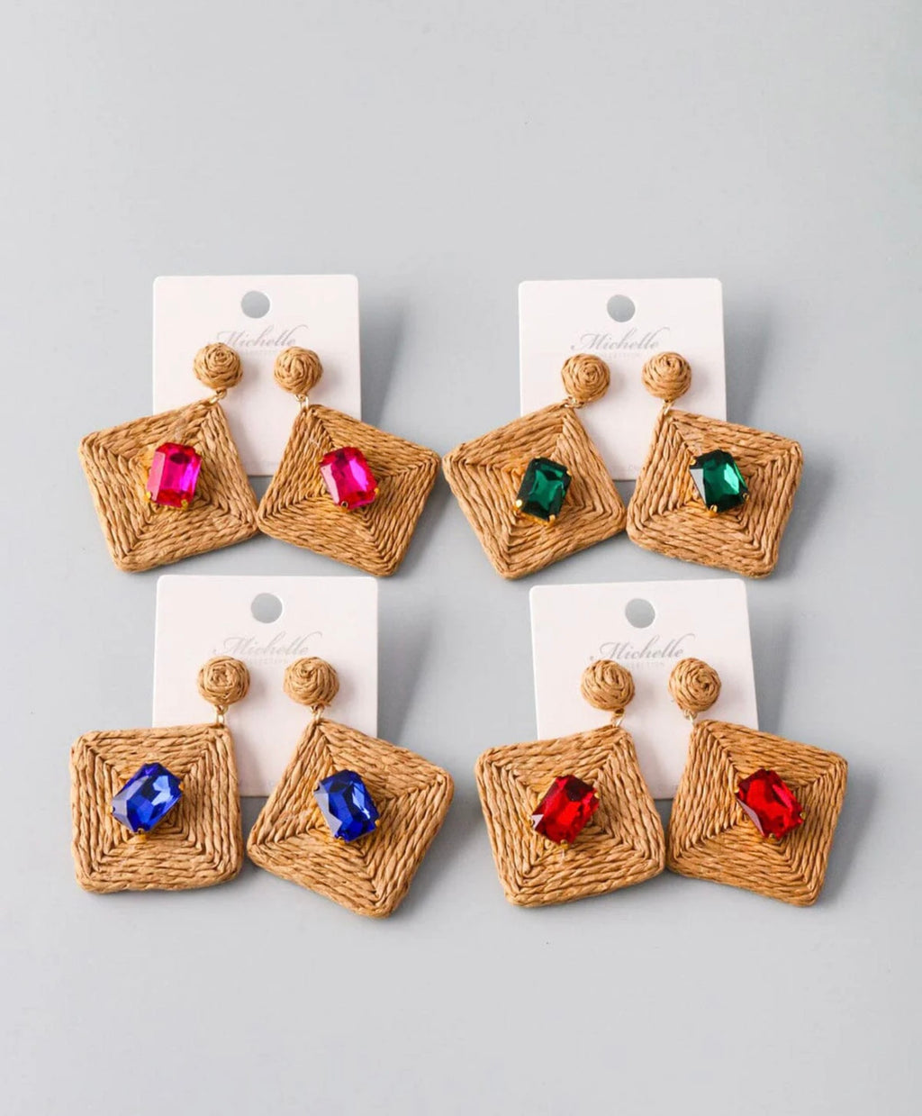 040925 Wrapped Square Straw Colors Stone Earrings