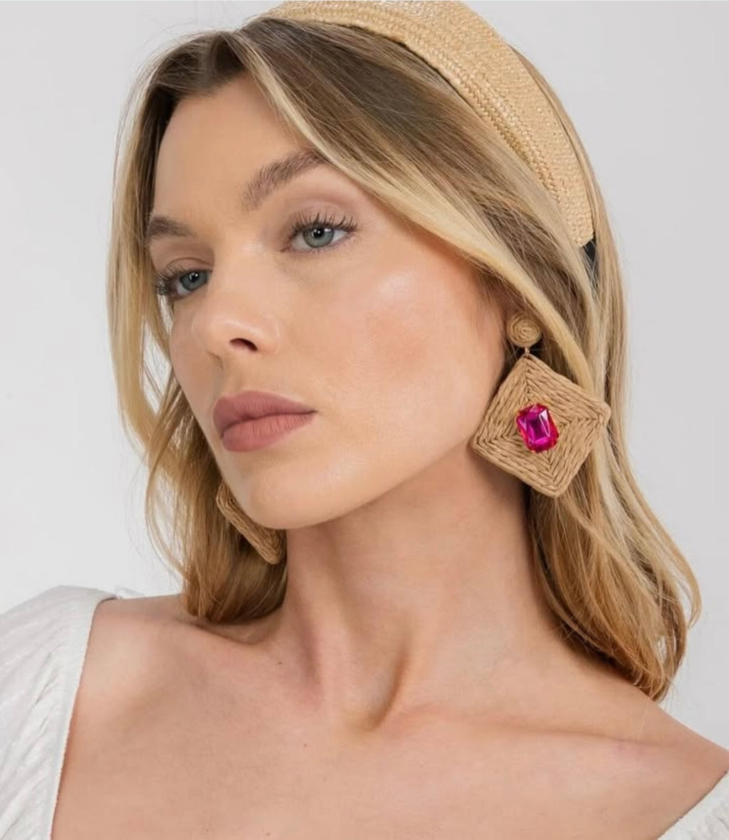 040925 Wrapped Square Straw Colors Stone Earrings