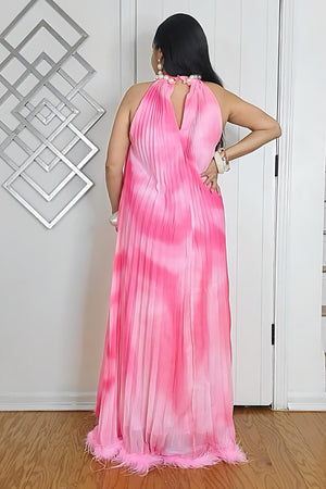 041325 Pink Dye Pleated Feathers Maxi Dress with Pearls Neckline