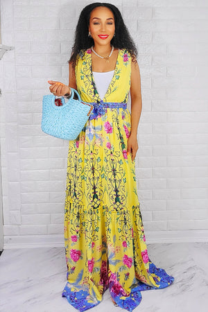05132022 Yellow Rayon Boil Border V Neck Maxi Dress