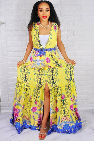 05132022 Yellow Rayon Boil Border V Neck Maxi Dress