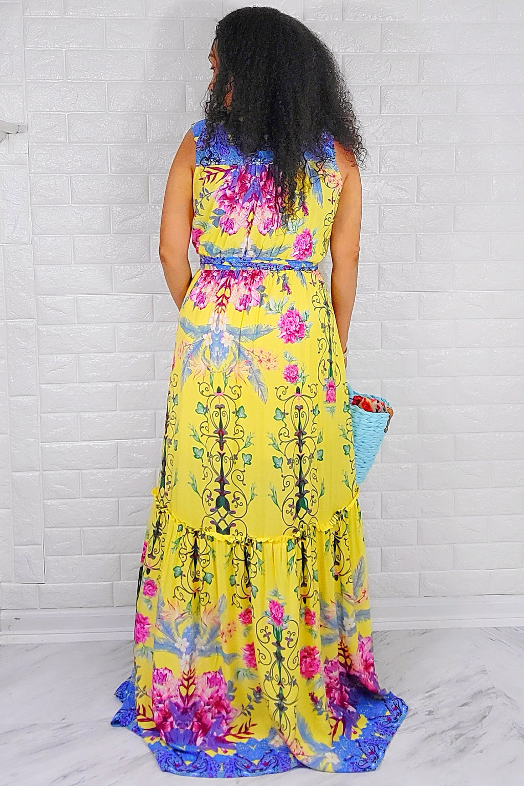 05132022 Yellow Rayon Boil Border V Neck Maxi Dress