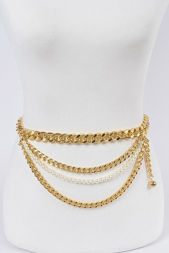 010923 Gold Plus Size Layered Chain and Pearl Belt