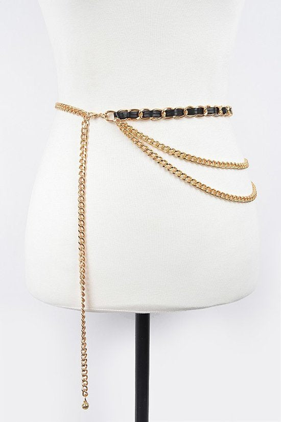 010923 Gold Black Leather Layered Chain Belt